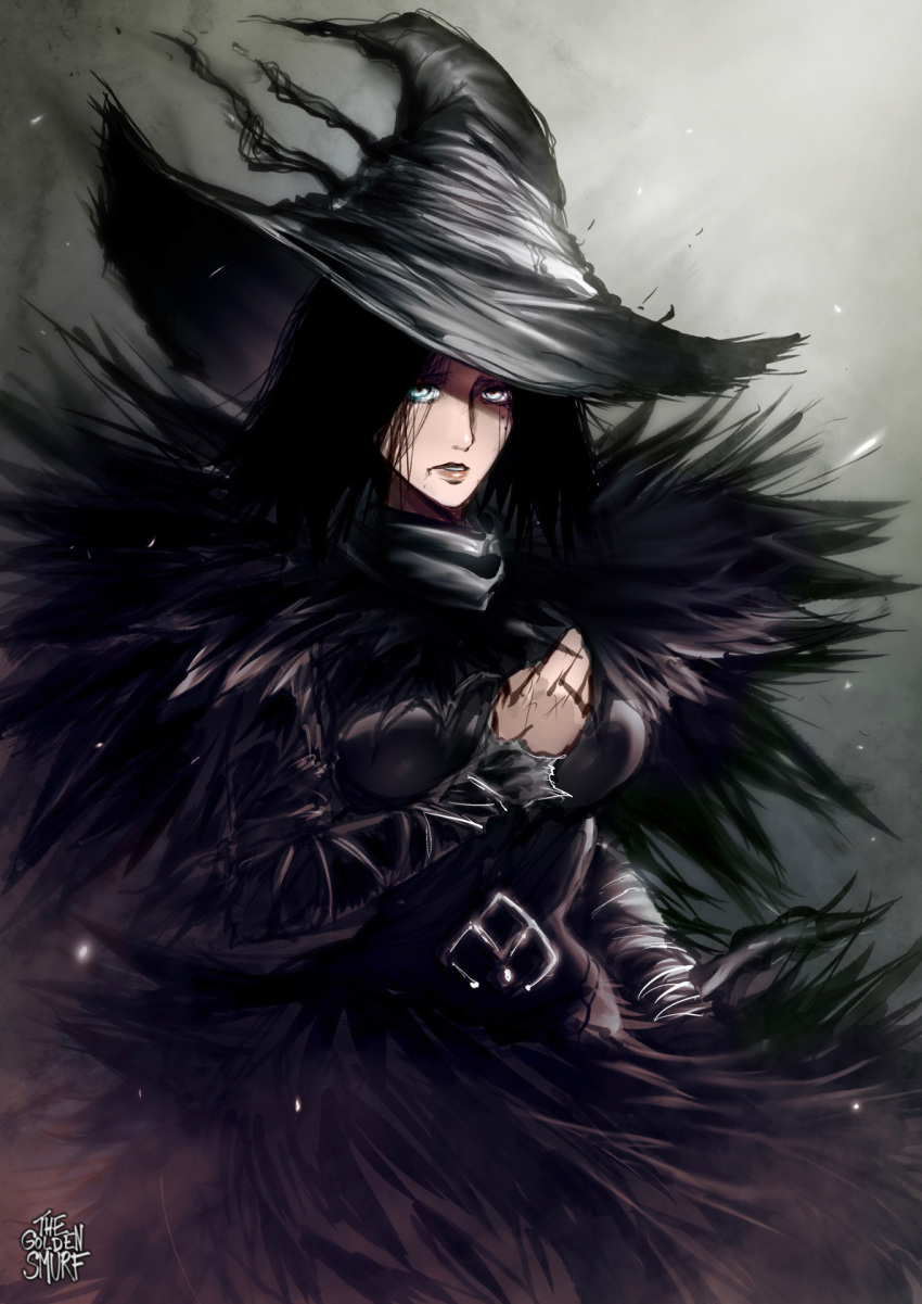 1girl arm_at_side aura black_dress black_hair breasts cowboy_shot cross-laced_sleeves demon's_souls dress gradient gradient_background grey_background hand_on_own_chest hat hat_ribbon heterochromia highres light_particles lips looking_at_viewer medium_breasts medium_hair mole mole_under_eye parted_lips ribbon sad shiny_lips sketch solo the_golden_smurf turtleneck witch_hat yuria_the_witch