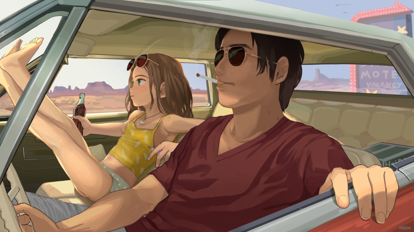 1boy 1girl age_difference banned_artist bare_legs barefoot blush bottle brown_hair car_interior child cigarette clenched_teeth coca-cola driving eyewear_on_head green_eyes highres holding holding_bottle long_hair masuda_(yousaytwosin) micro_shorts midriff mouth_hold navel parted_lips red-framed_eyewear red_shirt shirt shorts smoking teeth