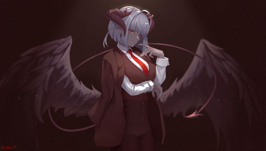 1girl arm_under_breasts artist_name bangs black_background black_jacket black_pants black_vest black_wings breast_hold breasts closed_mouth collared_shirt commentary commission dark-skinned_female dark_skin english_commentary eyebrows_visible_through_hair feathered_wings hand_up horns jacket jacket_on_shoulders mixed-language_commentary necktie nev_(nevblindarts) original pants pointy_ears red_eyes red_necktie reward_available shirt short_hair silver_hair simple_background solo standing tail vest white_shirt wings