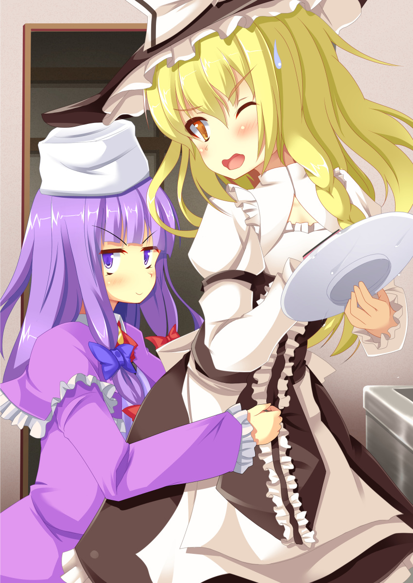 2girls absurdres bangs black_headwear black_skirt blonde_hair blue_bow blunt_bangs blush bow braid brown_eyes center_frills closed_mouth commentary_request cookie_(touhou) dress eyebrows_visible_through_hair feet_out_of_frame frills hat hat_bow highres holding holding_plate juliet_sleeves kirisame_marisa long_hair long_sleeves looking_at_viewer mars_(cookie) multi-tied_hair multiple_girls one_eye_closed open_mouth patchouli_knowledge plate puffy_sleeves purple_dress purple_hair red_bow shirt side_braid single_braid skirt smile sweatdrop szk taisa_(cookie) touhou v-shaped_eyebrows violet_eyes white_bow white_shirt witch_hat