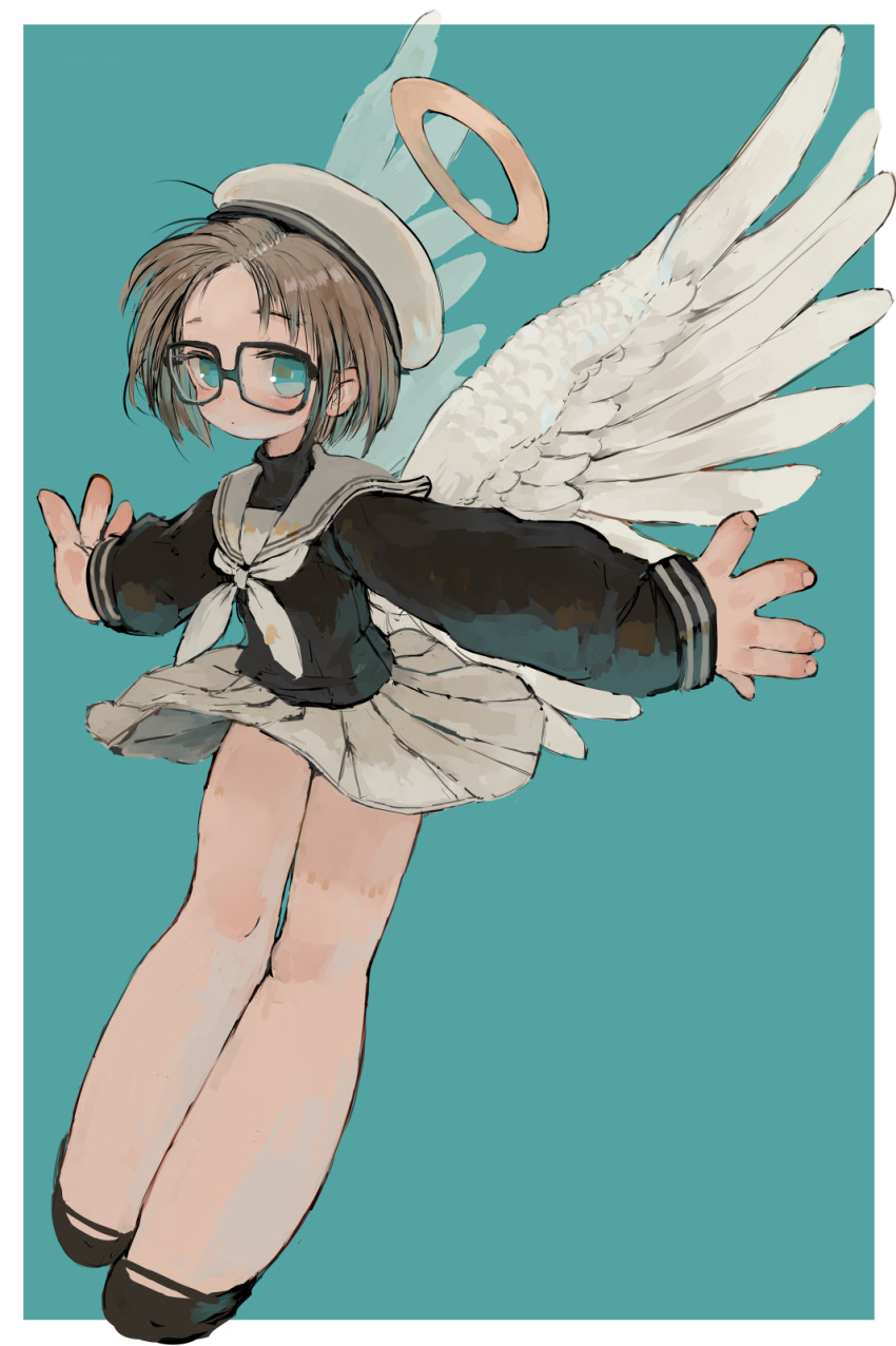 1girl angel angel_wings black-framed_eyewear black_footwear black_shirt blue_background blue_eyes border brown_hair closed_mouth ebimomo full_body glasses grey_skirt halo hat highres long_sleeves looking_at_viewer medium_hair miniskirt original outstretched_arms pleated_skirt sailor_collar shirt shoes simple_background skirt solo spread_arms spread_wings white_border white_headwear white_sailor_collar white_serafuku white_wings wings