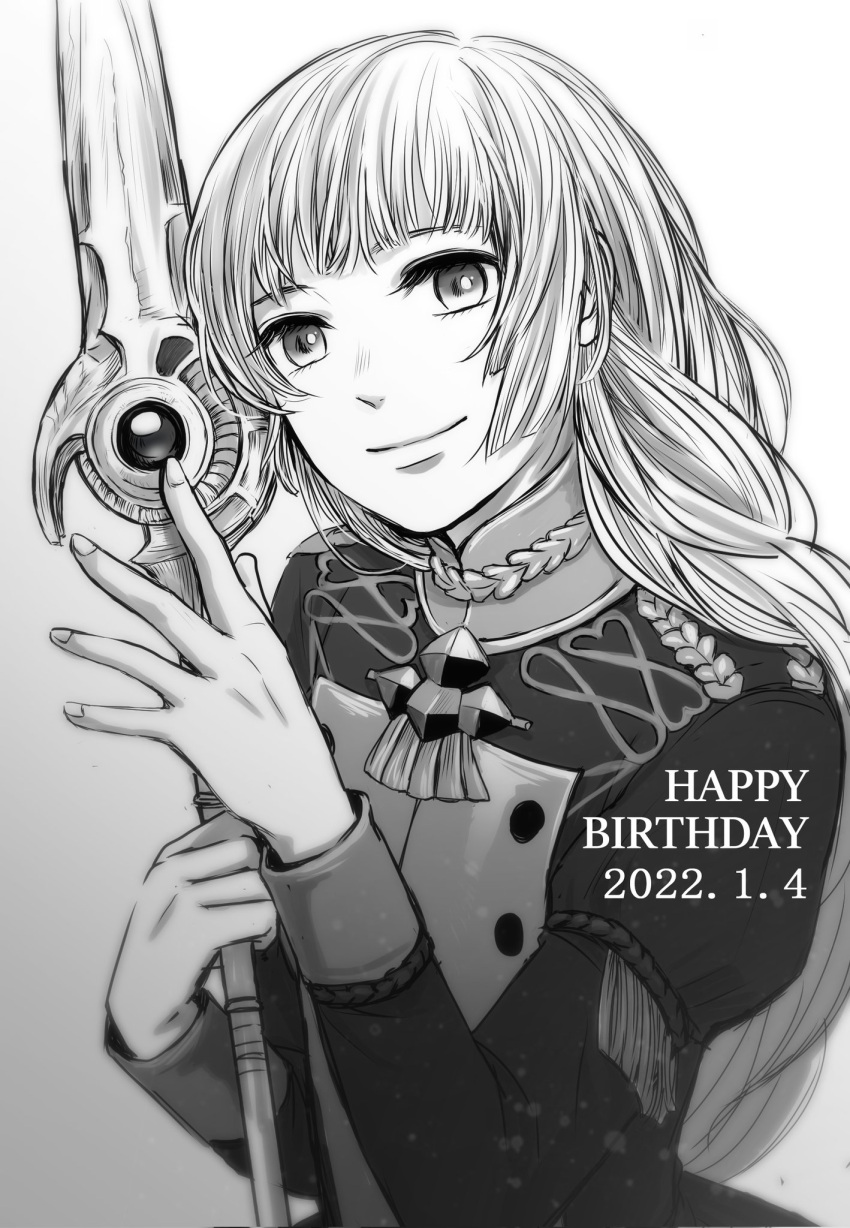 1girl bangs commentary_request dated fire_emblem fire_emblem:_three_houses garreg_mach_monastery_uniform greyscale hand_up highres holding holding_polearm holding_weapon ingrid_brandl_galatea jacket juliet_sleeves long_hair long_sleeves looking_at_viewer luin_(fire_emblem) monochrome polearm puffy_sleeves smile solo spear upper_body weapon yamagoya_(yama5ya)