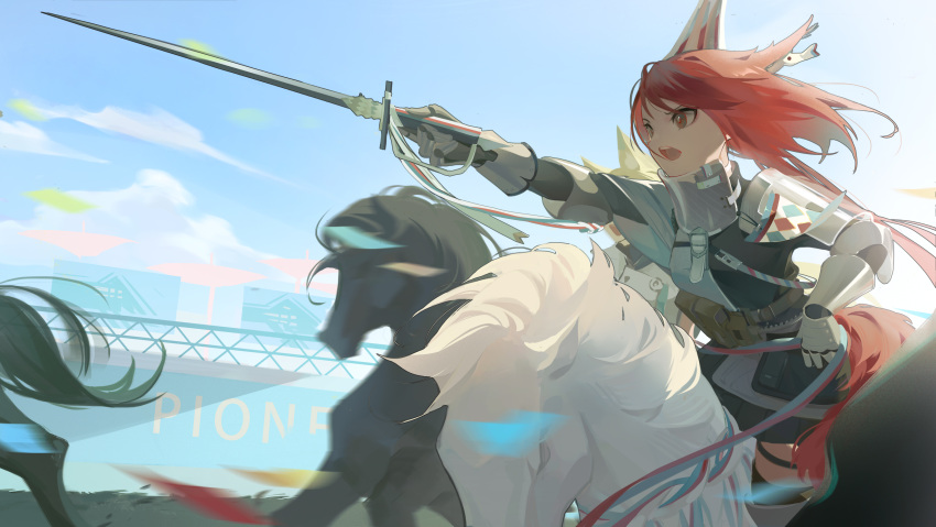 1girl absurdres animal_ears arknights black_jacket black_legwear black_skirt blue_sky brown_eyes clouds commentary_request day flametail_(arknights) gauntlets highres holding holding_sword holding_weapon horseback_riding jacket long_sleeves looking_away n6058 open_mouth outdoors outstretched_arm pleated_skirt redhead riding skirt sky solo sword tail teeth thigh-highs transparent upper_teeth weapon