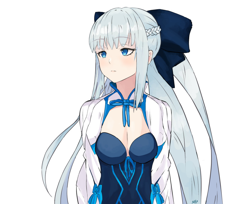 1girl bangs black_bow black_dress blue_eyes bow breasts center_opening cleavage_cutout closed_mouth clothing_cutout commentary dress eyebrows_visible_through_hair fate/grand_order fate_(series) fingernails hair_between_eyes hair_bow hair_ornament highres holding holding_staff holding_weapon large_breasts long_hair long_sleeves looking_at_viewer morgan_le_fay_(fate) navel night night_sky outdoors outstretched_arm ponytail pubic_tattoo serious sidelocks silver_hair sky solo staff star_(sky) sufflez tattoo tiara tree two-tone_dress upper_body very_long_hair weapon white_dress wide_sleeves