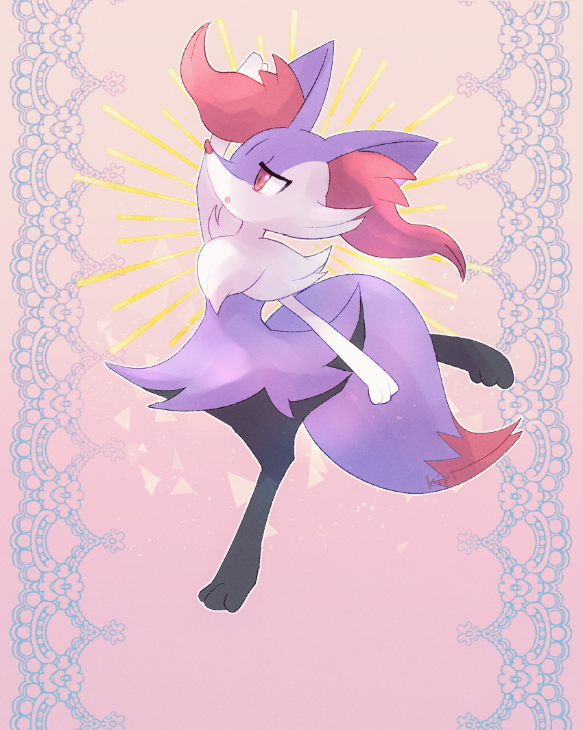 1girl absurdres alternate_color animal_ear_fluff animal_ears animal_feet animal_hands animal_nose arm_up artist_name black_fur body_fur braixen commentary_request english_commentary flat_chest fox_ears fox_girl fox_tail from_side fur_collar furry furry_female gradient gradient_background half-closed_eyes highres kiri_leonotis leg_up mixed-language_commentary open_mouth outline partial_commentary pokemon pokemon_(creature) purple_fur red_eyes shiny_pokemon signature snout solo standing standing_on_one_leg tail white_fur white_outline
