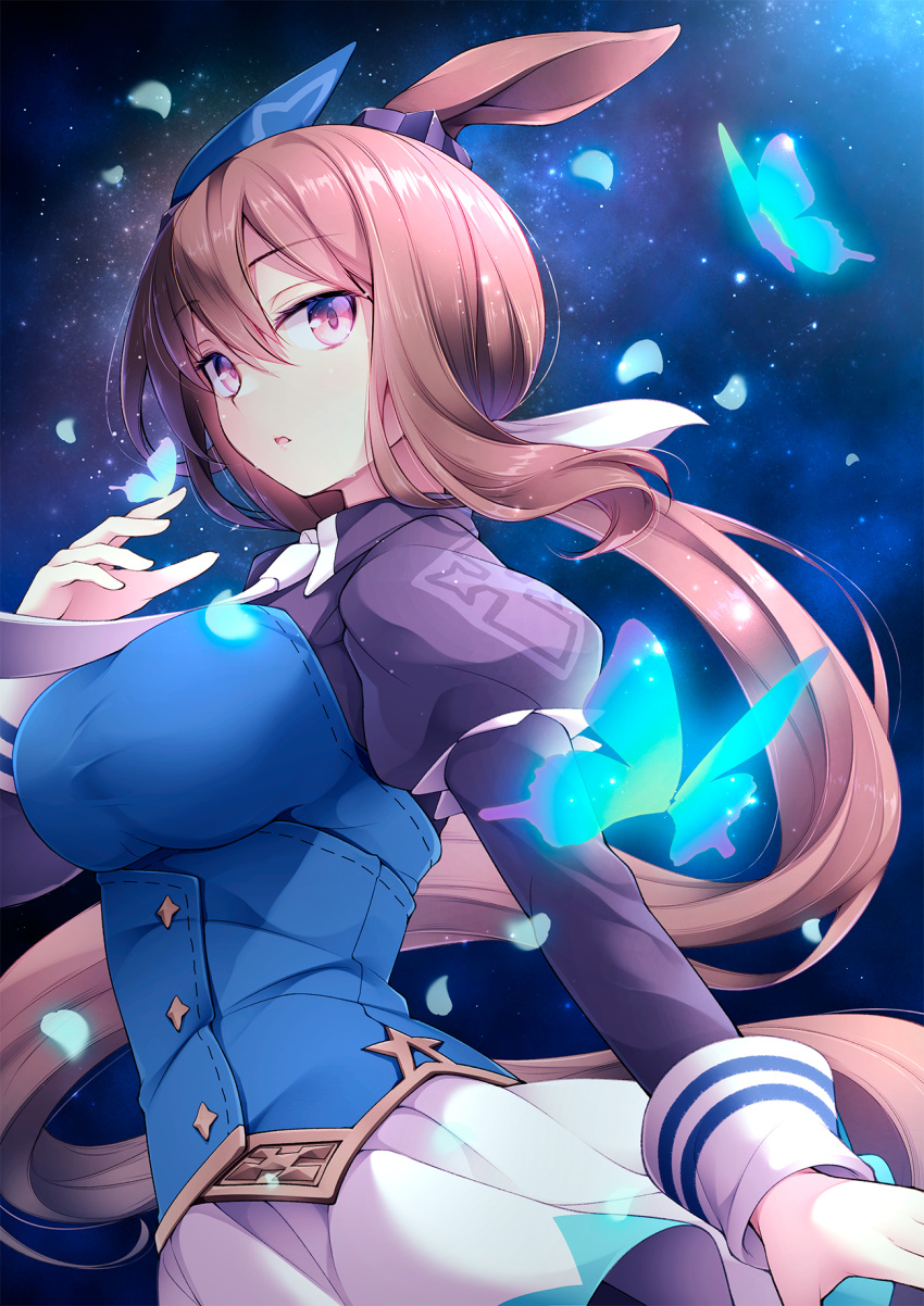 1girl admire_vega_(umamusume) animal_ears bangs black_shirt bodice breasts bug butterfly commission from_side hair_between_eyes highres horse_ears juliet_sleeves large_breasts long_hair long_sleeves looking_at_viewer matsuuni necktie parted_lips ponytail puffy_sleeves shirt skeb_commission skirt solo space star_(sky) umamusume white_necktie white_skirt
