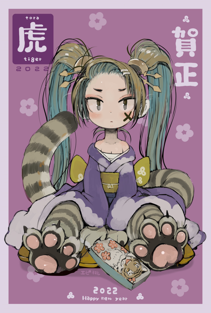 1girl 2022 akeome animal_ears animal_feet barefoot black_eyes blonde_hair blue_hair blush border chinese_zodiac claws closed_mouth colored_inner_hair ebimomo facial_mark hagoita happy_new_year highres japanese_clothes kimono long_hair long_sleeves looking_at_viewer monster_girl multicolored_hair new_year obi off_shoulder original paddle purple_background purple_kimono sash sitting soles solo tail tiger_ears tiger_tail twintails white_border year_of_the_tiger yellow_sash