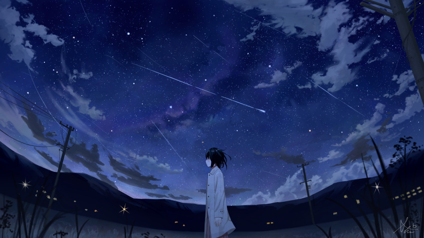 1girl absurdres black_hair clouds cloudy_sky coat commentary_request galaxy grass highres long_coat long_skirt milky_way mountain night night_sky original outdoors overcoat pleated_skirt red_skirt scenery shooting_star short_hair shurock signature skirt sky star_(sky) star_trail starry_sky utility_pole