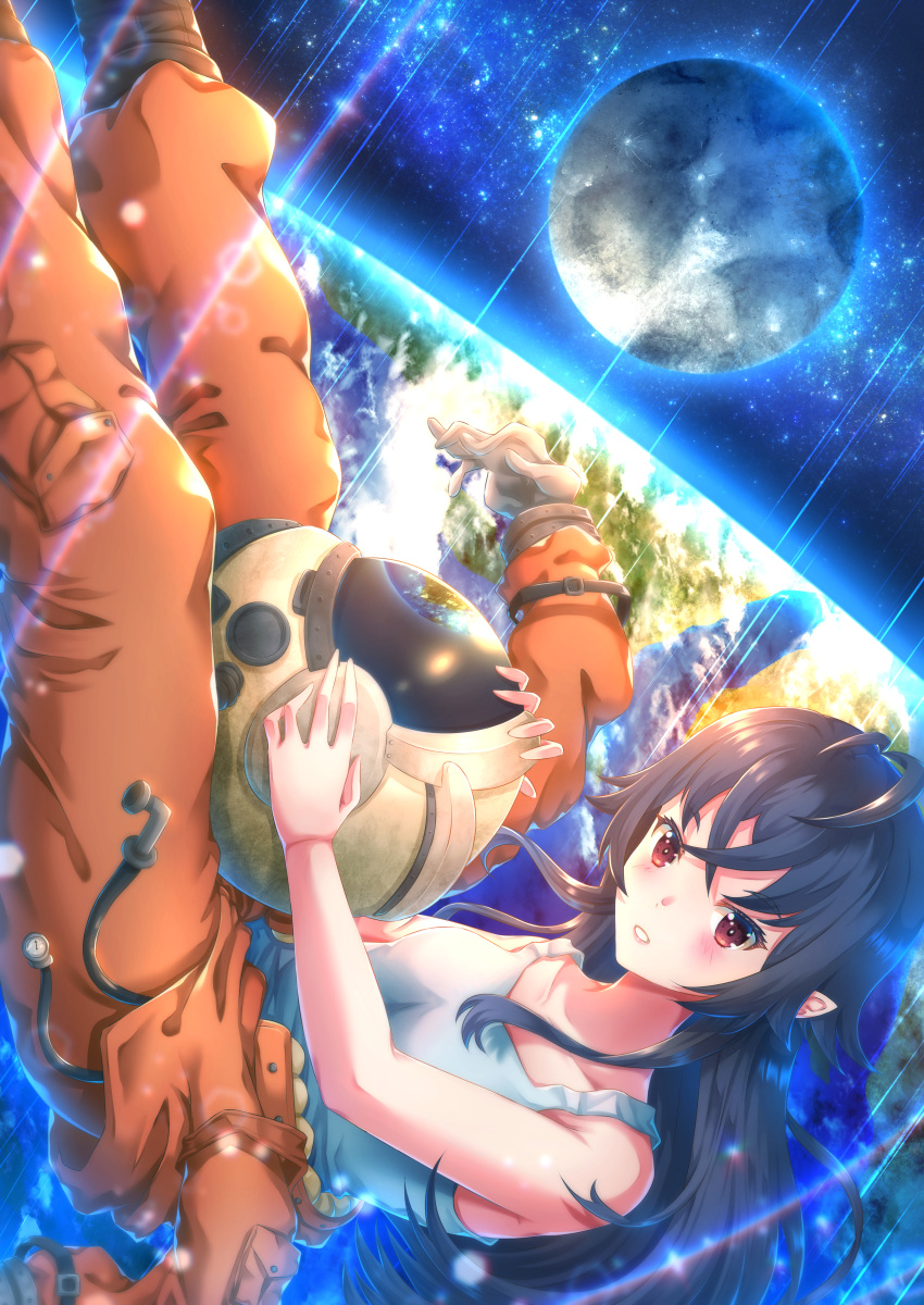 1girl absurdres ahoge astronaut black_hair earth_(planet) hair_between_eyes highres irina_luminesk long_hair moon orange_pants pants planet pointy_ears red_eyes shirt sleeveless solo space space_helmet spacesuit tank_top tsuki_to_laika_to_nosferatu vampire white_shirt zephx