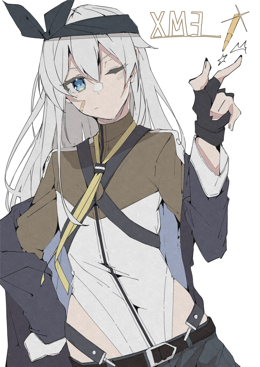 1girl absurdres bandaid bandaid_on_cheek belt black_belt black_gloves black_jacket blue_eyes chest_harness closed_mouth e_sky_rugo fingerless_gloves fingernails girls_frontline gloves grey_hair grey_pants hand_on_hip hand_up harness headband highres jacket long_hair long_sleeves looking_at_viewer off_shoulder one_eye_closed open_clothes open_jacket pants simple_background solo white_background xm3_(girls'_frontline)