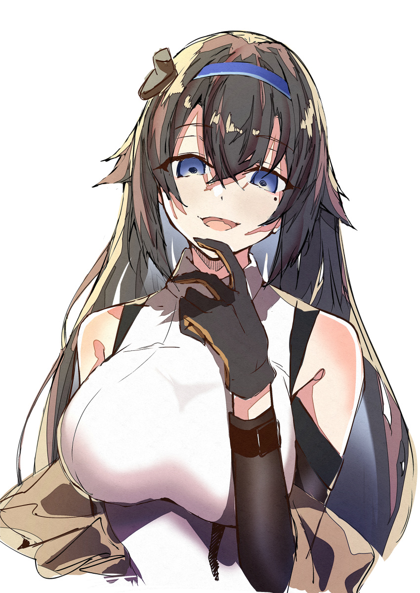 1girl absurdres arm_warmers bangs bare_shoulders blue_eyes breasts e_sky_rugo finger_to_own_chin girls_frontline gloves hair_flaps highres large_breasts long_hair mod3_(girls'_frontline) mole mole_under_eye open_mouth revision sidelocks sleeveless smile solo super_sass_(girls'_frontline) very_long_hair