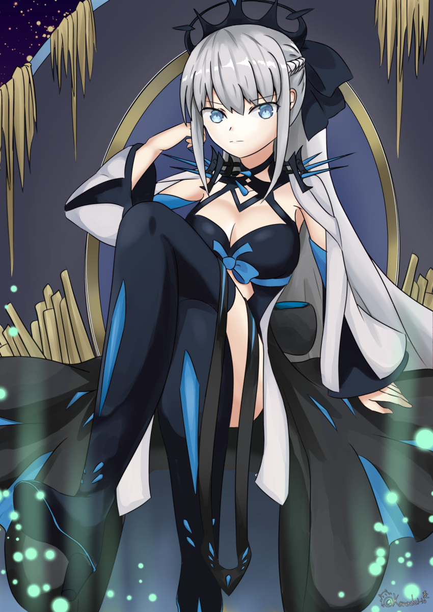1girl bangs black_bow black_dress blue_eyes bow breasts center_opening cleavage_cutout closed_mouth clothing_cutout commentary dress eyebrows_visible_through_hair fate/grand_order fate_(series) fingernails hair_between_eyes hair_bow hair_ornament highres holding holding_staff holding_weapon kanadeho large_breasts long_hair long_sleeves looking_at_viewer morgan_le_fay_(fate) navel night night_sky outdoors outstretched_arm ponytail pubic_tattoo serious sidelocks silver_hair sky solo staff star_(sky) tattoo tiara tree two-tone_dress upper_body very_long_hair weapon white_dress wide_sleeves