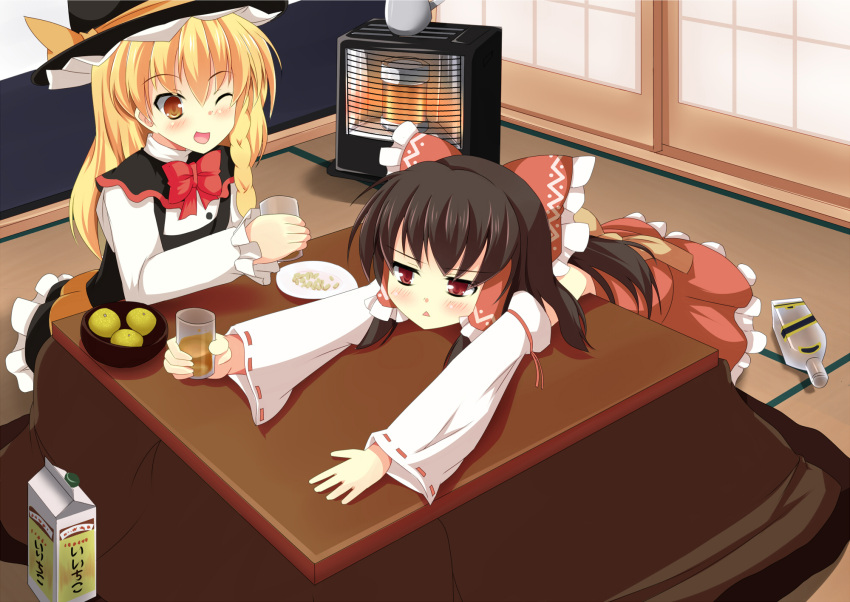 2girls azusa_(cookie) bangs black_capelet black_headwear blonde_hair blush bow bowtie braid brown_eyes brown_hair capelet commentary_request cookie_(touhou) cup detached_sleeves eyebrows_visible_through_hair frilled_bow frilled_skirt frills full_body hair_bow hakurei_reimu hat heater highres holding holding_cup indoors kanna_(cookie) kirisame_marisa kotatsu long_hair long_sleeves looking_at_another multiple_girls one_eye_closed open_mouth red_bow red_bowtie red_eyes red_shirt red_skirt ribbon-trimmed_sleeves ribbon_trim shirt side_braid single_braid skirt sleeveless sleeveless_shirt smile szk table touhou triangle_mouth white_shirt white_sleeves witch_hat