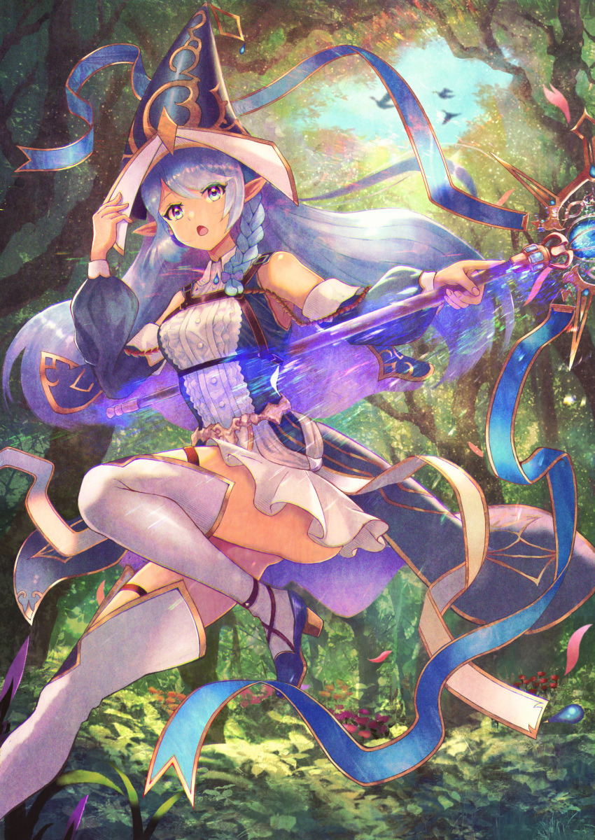 1girl absurdres aquamancer_of_the_sanctuary bird blue_eyes blue_hair braid dappled_sunlight detached_sleeves dress duel_monster floating_hair forest fujino_(gbgcf515) hand_on_headwear hat high_heels highres holding holding_staff leg_up long_hair nature open_mouth outdoors pointy_ears shirt sleeveless sleeveless_shirt solo staff sunlight thigh-highs tree yu-gi-oh!