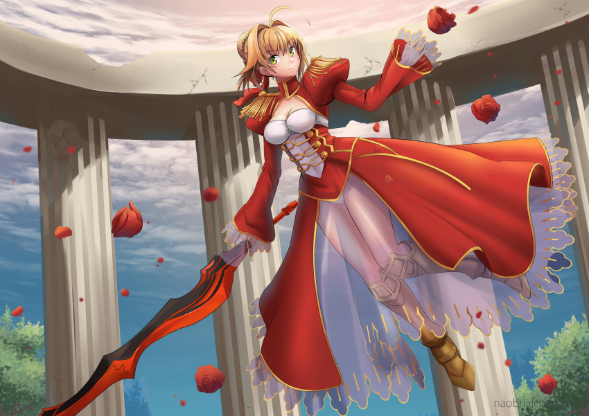1girl aestus_estus ahoge blonde_hair braid breasts cleavage commentary_request dress epaulettes fate/extra fate/grand_order fate_(series) french_braid green_eyes hair_intakes hair_ribbon juliet_sleeves large_breasts long_sleeves naomi_c93 nero_claudius_(fate) nero_claudius_(fate)_(all) open_mouth puffy_sleeves red_dress red_ribbon ribbon saber_extra see-through solo wide_sleeves