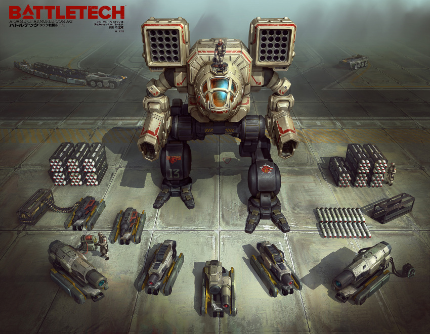 2boys absurdres ammunition_belt battletech bilingual clan_wolf energy_cannon english_commentary english_text equipment_layout flatbed_truck gun highres japanese_text laser_projector machine_gun machinery madcat maintenance marco_mazzoni mecha military missile missile_pod multiple_boys pilot rocket_launcher science_fiction translation_request walker weapon weapon_removed