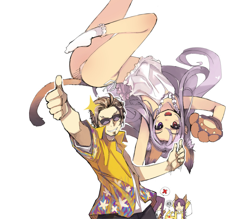 1boy 3girls alternate_costume animal_ears animal_hands ass bangs blush camisole collared_shirt commentary_request crown facial_hair foot_out_of_frame gloves goatee grey_hair grin hawaiian_shirt heterochromia highres lazy_(ragnarok_online) light_brown_hair long_hair looking_at_viewer mil_(xration) multiple_girls nemma open_mouth panno panties paw_gloves pope_(ragnarok_online) purple_hair ragnarok_online red_eyes shirt short_hair simple_background smile socks sparkle sunglasses thumbs_up underwear upper_body upside-down violet_eyes white_background white_camisole white_legwear white_panties white_shirt yellow_shirt