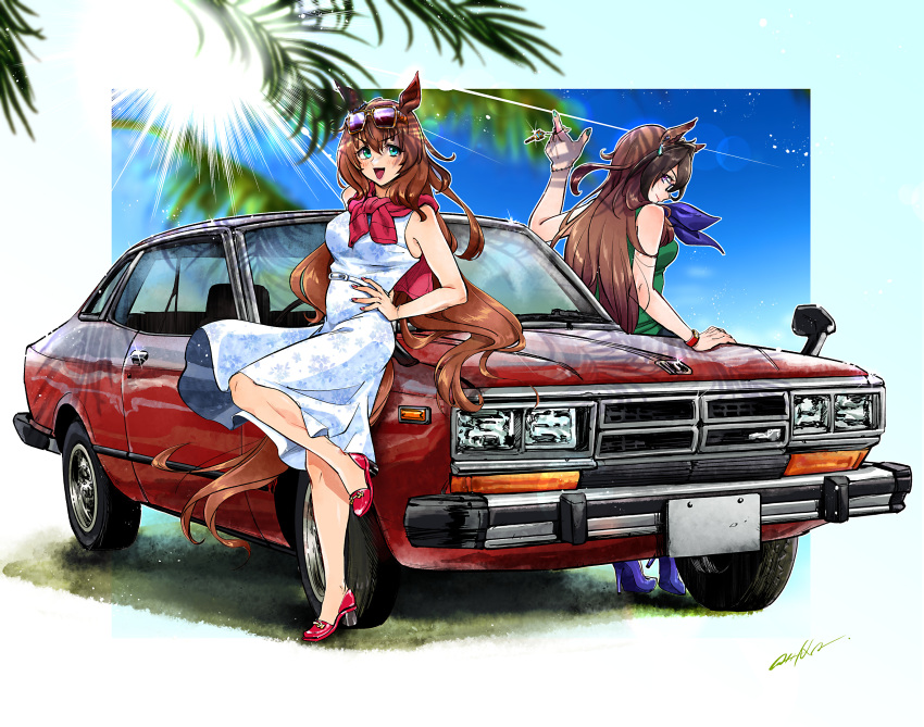 2girls alternate_costume animal_ears bangs belt blush bracelet breasts brown_hair car commentary_request dress earrings eyewear_on_head floral_print glint green_eyes green_shirt ground_vehicle hand_on_hip high_heels highres horse_ears horse_girl horse_tail jewelry key light_rays long_hair looking_at_viewer maruzensky_(umamusume) medium_breasts motor_vehicle multicolored_hair multiple_girls oota_alisa open_mouth palm_leaf pink_footwear pink_nails shirt signature single_earring sleeveless sleeveless_dress sleeveless_shirt smile sunbeam sunglasses sunlight symboli_rudolf_(umamusume) tail umamusume violet_eyes watch watch white_dress