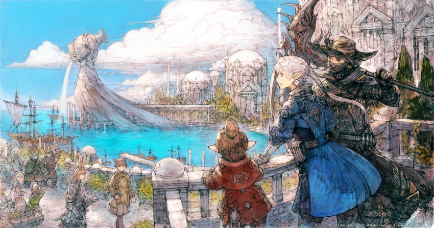 1boy 2others against_railing alphinaud_leveilleur ambiguous_gender antenna_hair architecture artist_name avatar_(ff14) balcony bandolier bangs belt belt_pouch black_coat black_gloves black_headwear blue_coat blue_eyes braid brown_eyes brown_hair building clouds coat covered_mouth dome earrings elezen elf facing_away final_fantasy final_fantasy_xiv from_behind from_side gloves hair_ribbon hat hatching_(texture) highres holding holding_scythe horizon in-universe_location jetty jewelry kenta_tanaka lalafell long_hair mask miqo'te mouth_mask multiple_others ocean official_art official_wallpaper open_mouth outdoors over_shoulder people pier pillar pointy_ears ponytail pouch railing reaper_(final_fantasy) red_coat ribbon scenery scythe sheath sheathed ship short_hair signature single_braid sky standing statue topknot tree viera water watercraft weapon weapon_over_shoulder white_hair