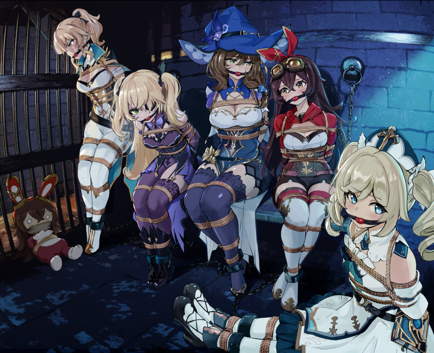 5girls absurdres amber_(genshin_impact) animal_ears ball_gag barbara_(genshin_impact) baron_bunny_(genshin_impact) bdsm bench blonde_hair blue_eyes blush bondage boots bound breasts chain chained commission dress duplicate eyepatch fischl_(genshin_impact) full_body gag genshin_impact green_eyes hair_ribbon hat high_heel_boots high_heels highres improvised_gag jean_(genshin_impact) lisa_(genshin_impact) looking_at_viewer multiple_girls pants pantyhose ponytail prison rabbit_ears restrained ribbon second-party_source sharpffffff sitting thigh-highs thigh_boots twintails white_legwear white_pants witch_hat yellow_eyes