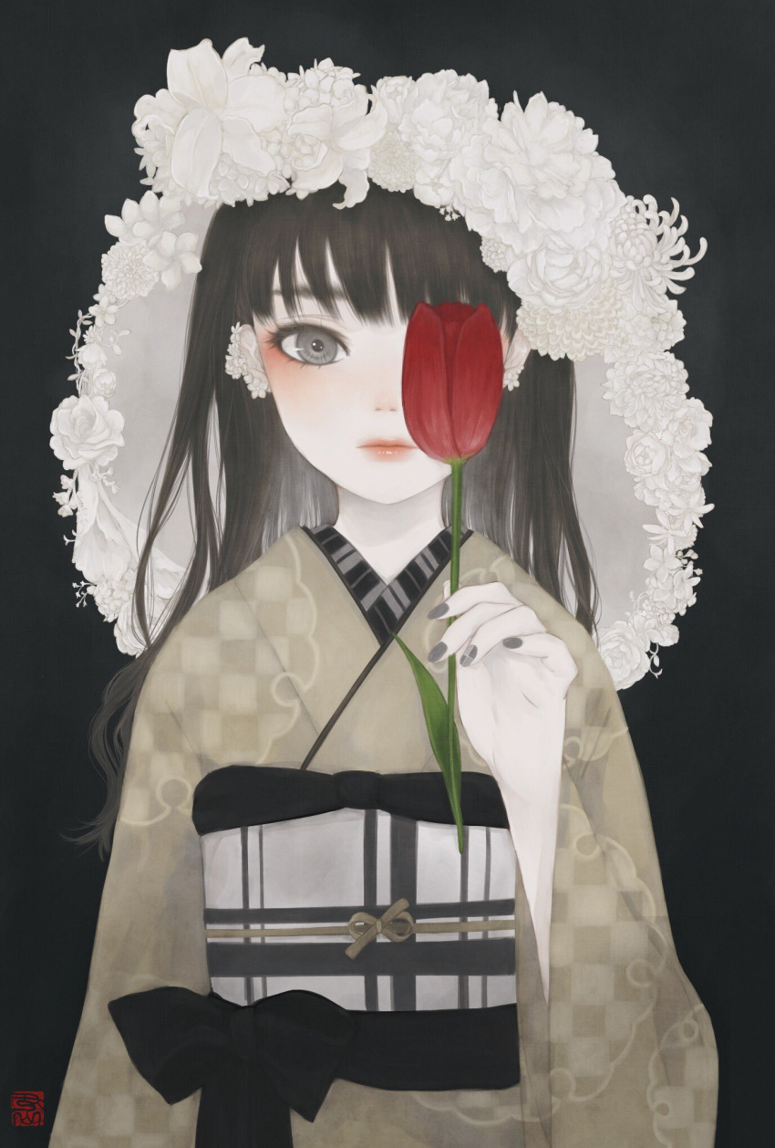 1girl bangs black_background black_hair brown_kimono closed_mouth commentary_request covering_one_eye ear_piercing earrings expressionless flower flower_border flower_earrings grey_eyes grey_nails hand_up highres holding holding_flower japanese_clothes jewelry kimono long_hair long_sleeves looking_at_viewer nail_polish obi obiage obijime one_eye_covered original outside_border piercing plaid_sash print_kimono red_flower red_tulip sash seal_impression solo standing tulip upper_body ushiyama_ame white_flower wide_sleeves