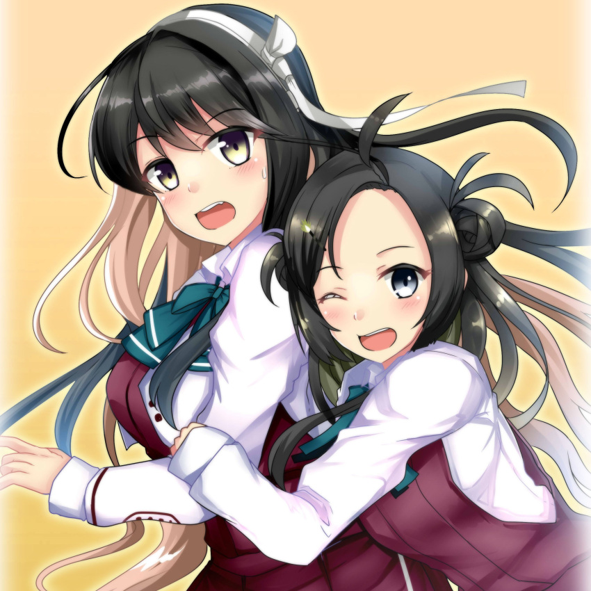 2girls absurdres ahoge black_hair blazer bow bowtie commentary_request double_bun dress_shirt forehead green_bow green_bowtie grey_eyes hairband halterneck highres himura_moritaka hug hug_from_behind jacket kantai_collection long_hair long_sleeves looking_at_viewer makinami_(kancolle) multicolored_hair multiple_girls naganami_(kancolle) pink_hair remodel_(kantai_collection) school_uniform shirt smile upper_body white_hairband white_shirt