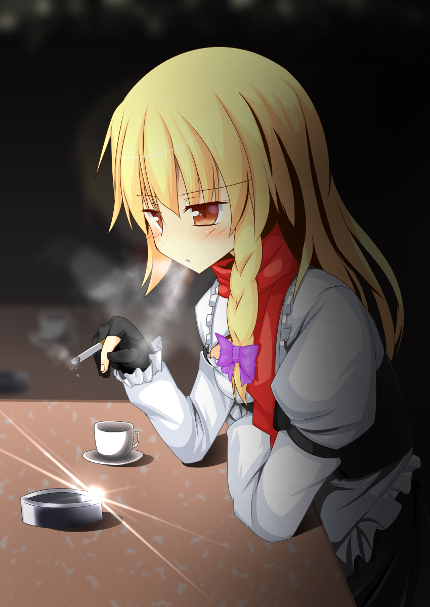 1girl absurdres ashtray bangs black_gloves black_vest blonde_hair blush bow braid brown_eyes cigarette commentary_request cookie_(touhou) cup eyebrows_visible_through_hair gloves hair_bow highres holding holding_cigarette juliet_sleeves kirisame_marisa long_hair long_sleeves looking_down mars_(cookie) open_mouth partially_fingerless_gloves plate puffy_sleeves purple_bow red_scarf reflection scarf side_braid single_braid smoking solo szk teacup touhou upper_body vest