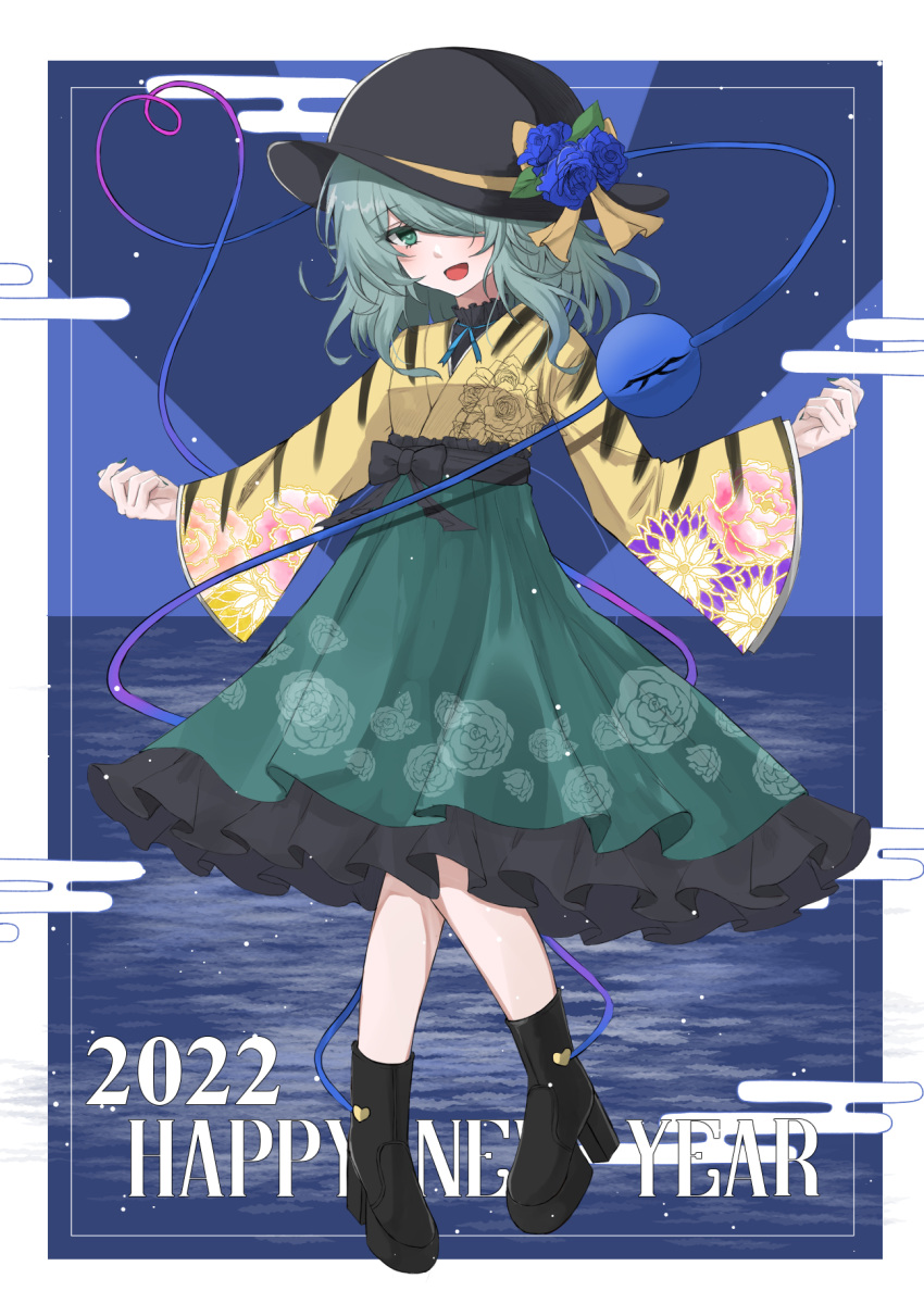 1girl 2022 :d adapted_costume bangs black_bow black_footwear black_headwear black_ribbon blouse blue_flower blue_nails blue_rose blush boots bow commentary_request egasumi english_text eyeball eyelashes floral_print flower frilled_skirt frilled_sleeves frills green_eyes green_hair green_skirt hair_over_one_eye happy_new_year hat hat_flower hat_ribbon heart heart-shaped_pupils heart_of_string high_heel_boots high_heels highres komeiji_koishi kuro_wa_shinoru long_sleeves looking_at_viewer medium_hair nail_polish new_year open_mouth outside_border outstretched_arms print_sleeves ribbon rose rose_print sidelocks skirt smile solo standing symbol-shaped_pupils third_eye touhou wide_sleeves yellow_blouse yellow_ribbon