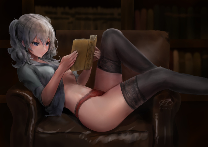 1girl armchair black_legwear blue_eyes book breasts chair haruto_(harut_n) holding holding_book kantai_collection kashima_(kancolle) large_breasts no_bra panties reading red_panties silver_hair solo thigh-highs twintails underwear wavy_hair