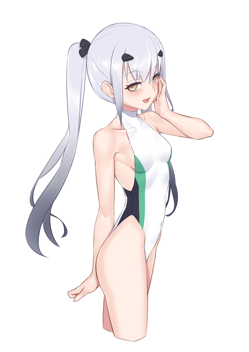 1girl absurdres bangs blush breasts brown_eyes fairy_knight_lancelot_(fate) fate/grand_order fate_(series) highres jilu long_hair looking_at_viewer open_mouth ponytail small_breasts smile solo swimsuit thighs white_hair