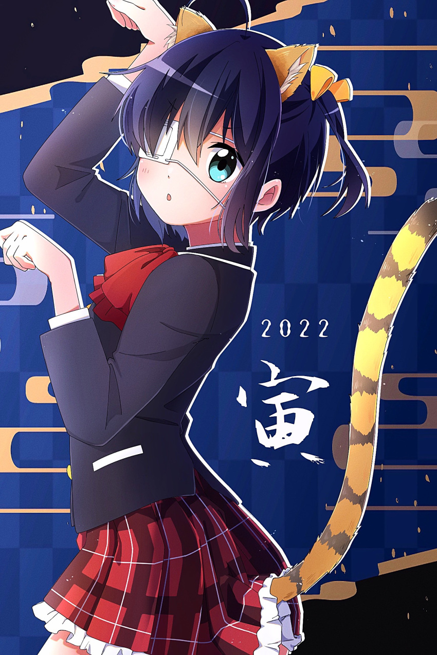 1girl 2022 :o ahoge animal_ears arm_up bangs black_jacket blue_background blush bow bowtie chuunibyou_demo_koi_ga_shitai! eyepatch frilled_skirt frills from_side green_eyes hair_ribbon hand_up happy_new_year highres icho_private_high_school_uniform jacket long_sleeves looking_at_viewer magupimu medical_eyepatch new_year one_side_up outline plaid plaid_skirt pleated_skirt red_bow red_bowtie red_skirt ribbon school_uniform short_hair skirt solo tail takanashi_rikka tiger_ears tiger_girl tiger_tail translation_request white_outline yellow_ribbon