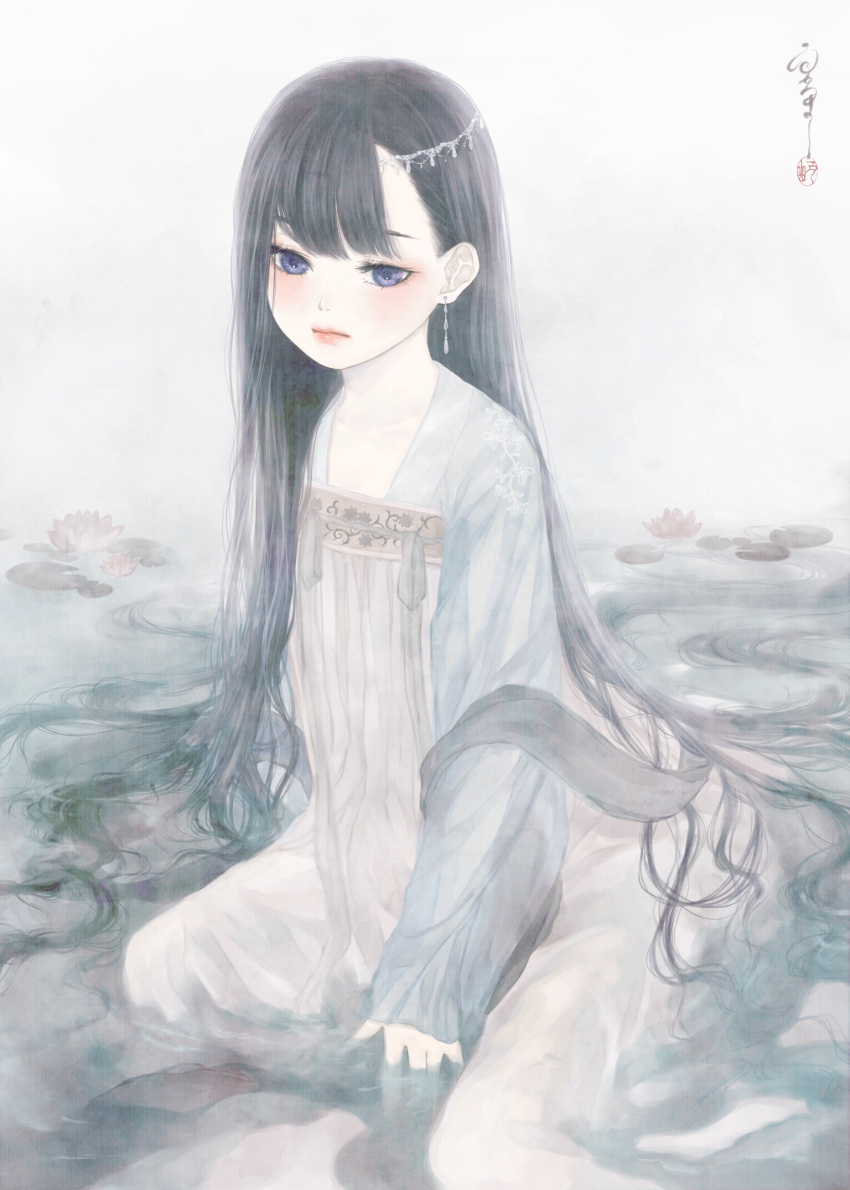 1girl bangs between_legs black_hair blue_eyes chinese_clothes closed_mouth earrings floral_print hair_behind_ear hair_ornament hand_between_legs hanfu highres in_water jewelry lily_pad long_hair long_sleeves looking_at_viewer medibang_paint_(medium) original outdoors seal_impression signature sitting solo ushiyama_ame very_long_hair wariza water water_lily_flower white_robe