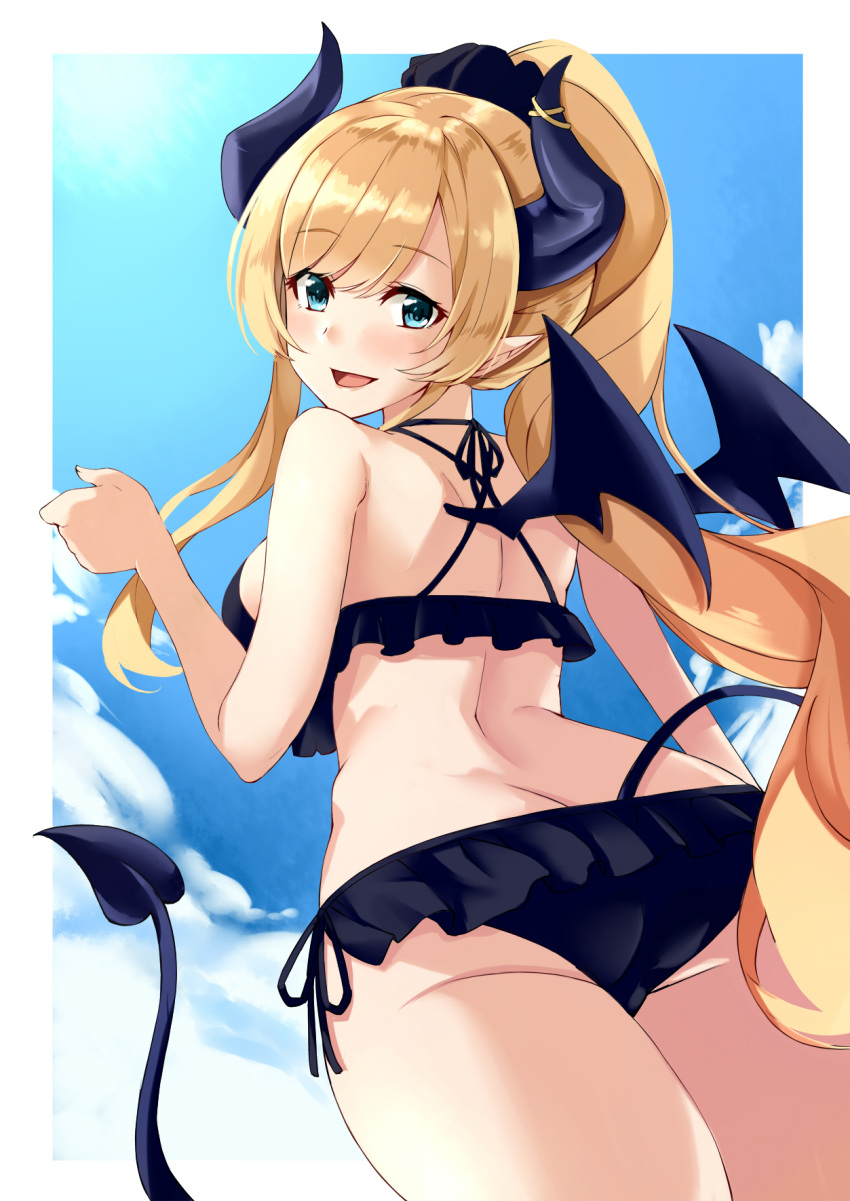 1girl :d ass bangs bare_arms bare_legs bare_shoulders bikini black_bikini black_swimsuit blood blue_eyes border breasts clouds commentary cowboy_shot demon_girl demon_horns demon_tail demon_wings eyebrows_visible_through_hair female forehead frilled_bikini frills from_behind hand_up high_ponytail highres hololive horns kosuke_(bb) large_breasts long_hair looking_at_viewer looking_back open_mouth parted_bangs pointy_ears scrunchie shaded_face side-tie_bikini sky smile solo swimsuit tail thighs virtual_youtuber white_border wings yuzuki_choco