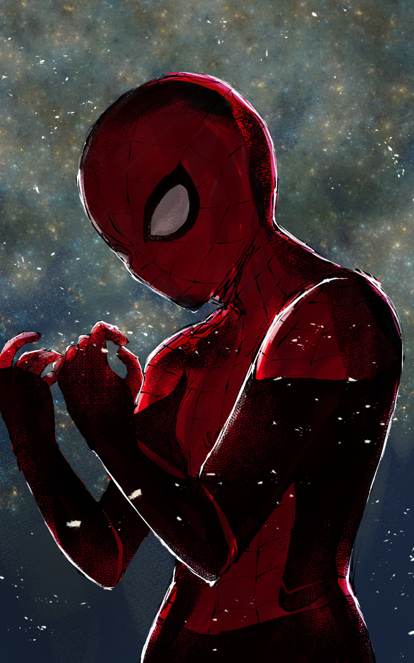 1boy backlighting bodysuit commentary_request galaxy hands_up highres kaikoba_mothra light_particles looking_down male_focus marvel marvel_cinematic_universe partial_commentary red_bodysuit sky solo spider-man spider-man:_far_from_home spider-man_(series) star_(sky) starry_sky upper_body white_eyes