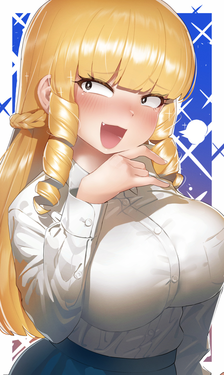1girl :d bangs blonde_hair blue_skirt braid breasts collared_shirt commentary_request copyright_request dress_shirt eyebrows_visible_through_hair fang grey_eyes hand_up highres long_hair long_sleeves looking_at_viewer medium_breasts monosenbei ojou-sama_pose ringlets shirt sidelocks skirt smile solo very_long_hair white_shirt wide-eyed
