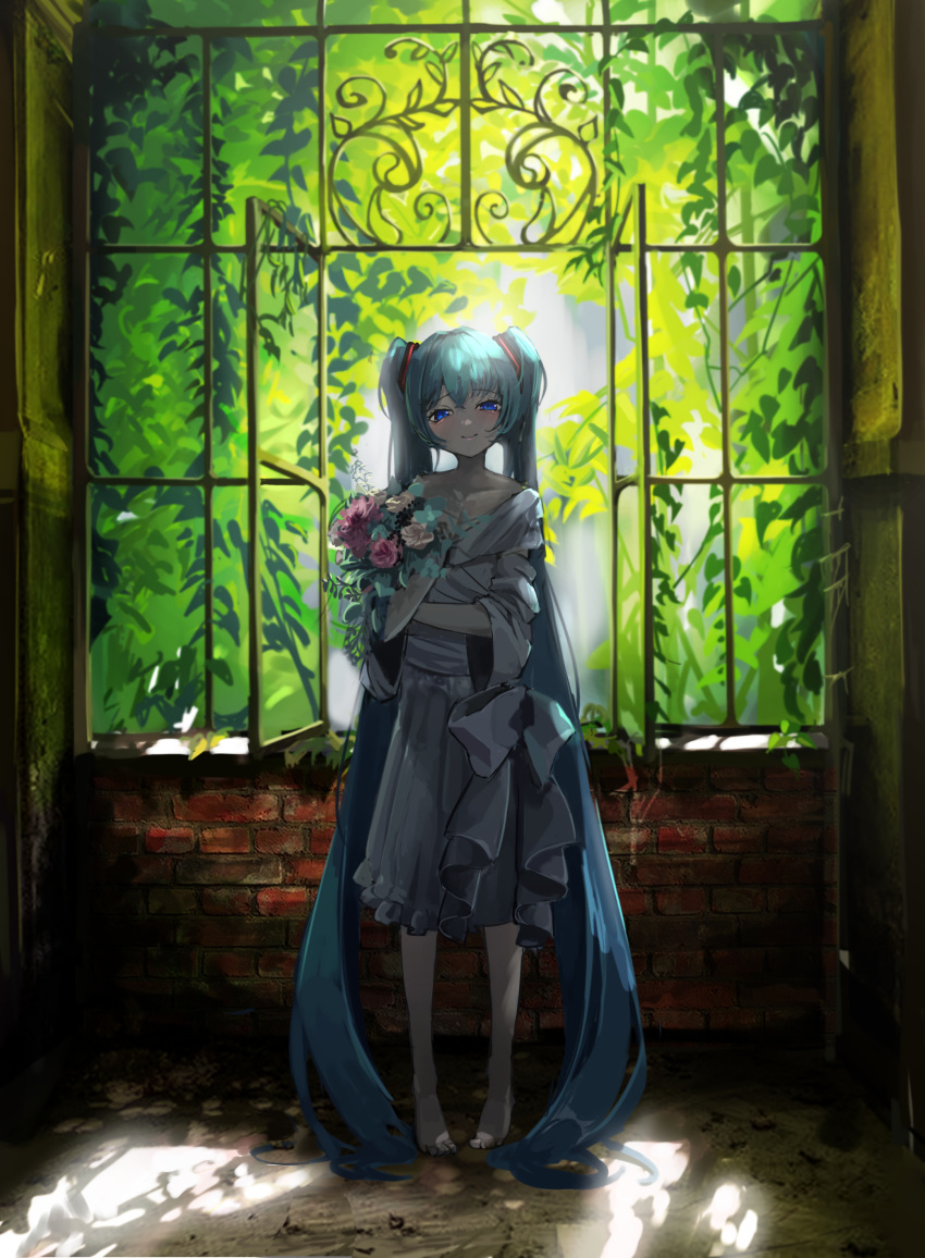 1girl absurdly_long_hair absurdres aqua_hair bangs barefoot blue_eyes blush bouquet brick_wall collarbone dress eyebrows_visible_through_hair frilled_dress frills hair_between_eyes hatsune_miku highres holding holding_bouquet long_hair long_sleeves looking_at_viewer open_window plant rerendi ribbon smile solo twintails very_long_hair vines vocaloid white_dress white_ribbon window
