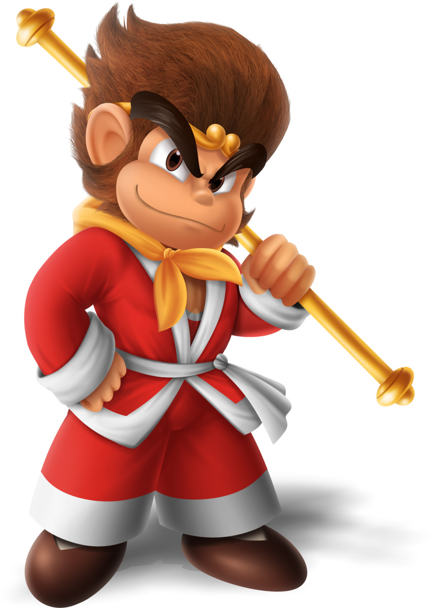 1boy brown_eyes brown_footwear circlet clenched_hand english_commentary famicom_mukashibanashi:_yuyuki full_body goku_(yuyuki) hand_on_hip highres holding holding_staff holding_weapon looking_at_viewer monkey_boy pants red_pants red_robe robe ruyi_jingu_bang sash shadow shoes smile solo staff standing super_smash_bros. thick_eyebrows transparent_background weapon white_sash zieghost