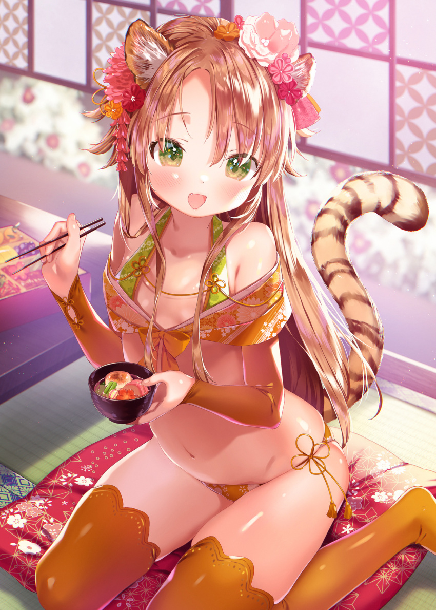 1girl :d animal_ear_fluff animal_ears bangs bare_shoulders bikini blurry blurry_background blush bowl breasts brown_hair chopsticks collarbone commentary_request cushion depth_of_field detached_sleeves eyebrows_visible_through_hair fang flower food green_eyes hair_between_eyes hair_flower hair_ornament highres holding holding_bowl holding_chopsticks long_hair long_sleeves looking_at_viewer mutou_mato navel no_shoes orange_bikini orange_legwear orange_sleeves original parted_bangs pink_flower small_breasts smile solo swimsuit tail thigh-highs tiger_ears tiger_girl tiger_tail very_long_hair zabuton