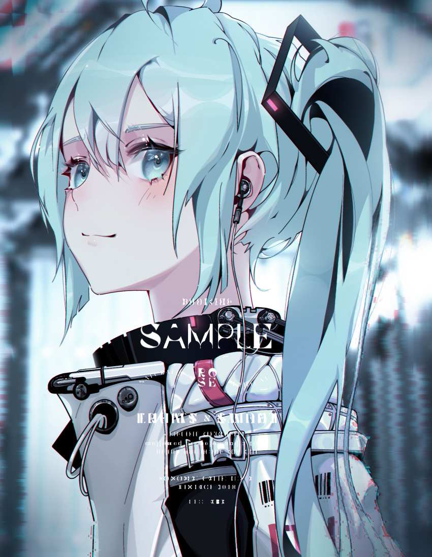 1girl absurdres astronaut barcode blue_eyes blue_hair blush earphones earphones hatsune_miku highres josephbonanno9 looking_to_the_side pale_skin space twintails vocaloid