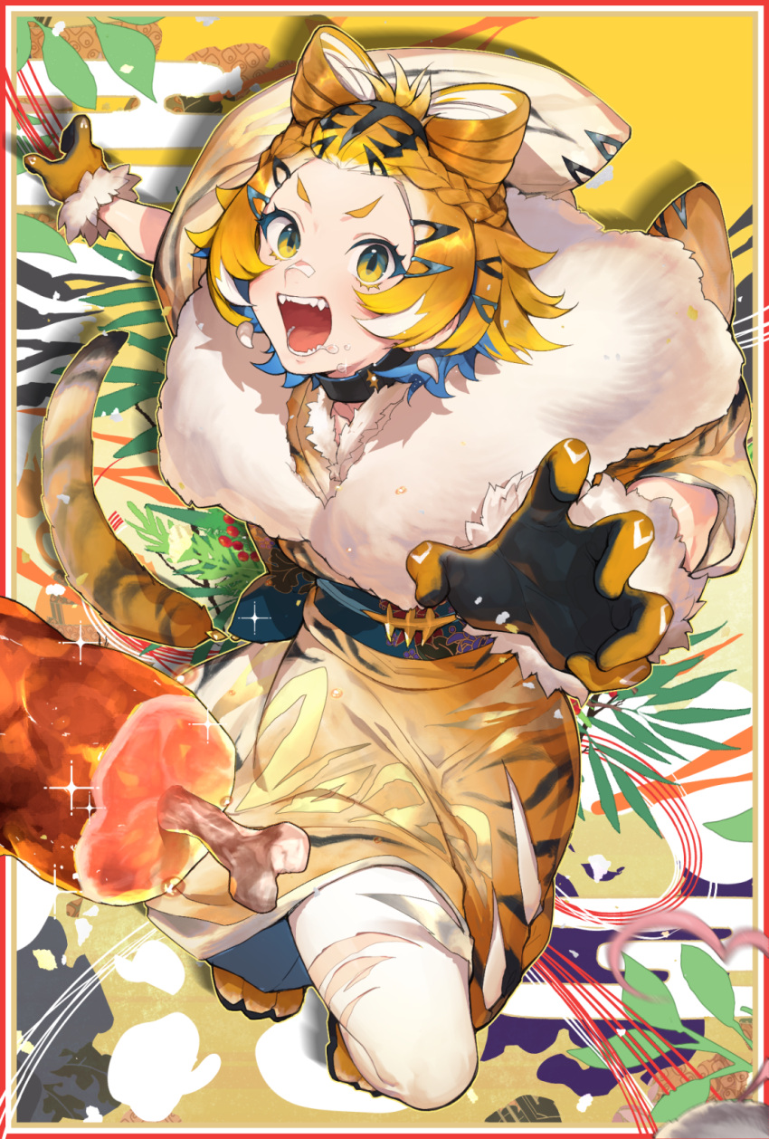1girl animal_print bandaid bandaid_on_nose black_collar black_eyes black_gloves black_hair blonde_hair blue_hair boned_meat braid chinese_zodiac collar commentary_request drooling egasumi fangs food french_braid fur-trimmed_gloves fur_collar fur_trim gloves gradient_eyes green_eyes hair_ornament hairclip highres hitoto japanese_clothes kimono looking_at_viewer meat multicolored_clothes multicolored_eyes multicolored_gloves multicolored_hair new_year obi open_mouth orange_gloves orange_hair orange_kimono original outstretched_arm pantyhose print_kimono reaching_out saliva sash short_eyebrows short_hair sidelocks solo sparkle tiger_girl tiger_print torn_clothes torn_kimono torn_legwear white_hair white_legwear year_of_the_tiger yellow_eyes