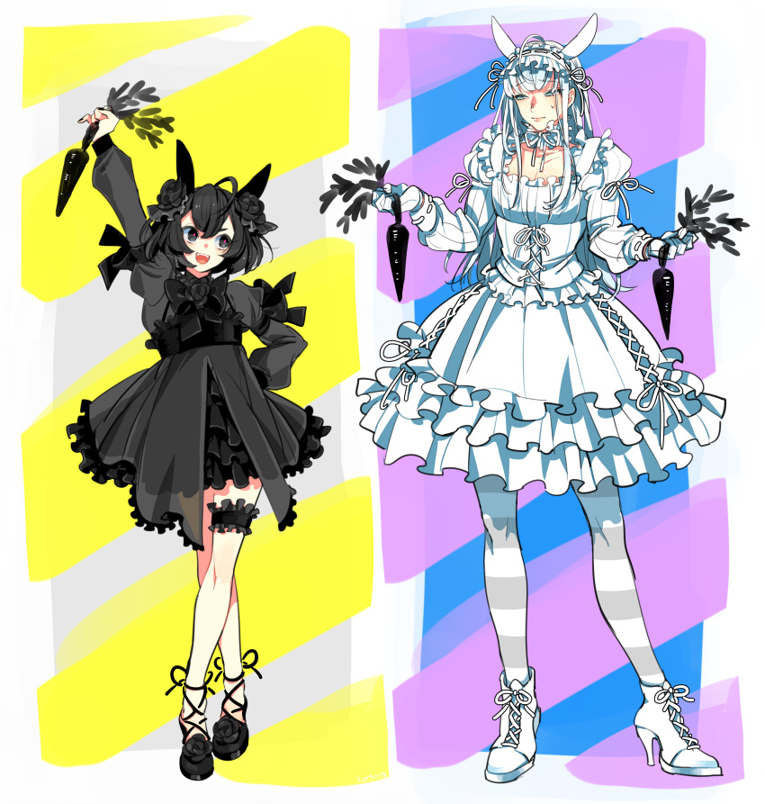 2boys :d absurdres animal_ears arm_up black_dress black_eyes black_hair black_vs_white blue_eyes bow bowtie carrot corset crossdressing crossed_legs dress eye_contact flower food frilled_dress frills full_body garters hair_flower hair_ornament hairband hand_on_hip hands_up height_difference high_heels highres holding holding_food juliet_sleeves kinako_(marubotan) lolita_fashion lolita_hairband long_hair long_sleeves looking_at_another male_focus multiple_boys original otoko_no_ko pantyhose puffy_sleeves rabbit_ears short_hair smile standing striped striped_legwear sweatdrop white_dress white_hair