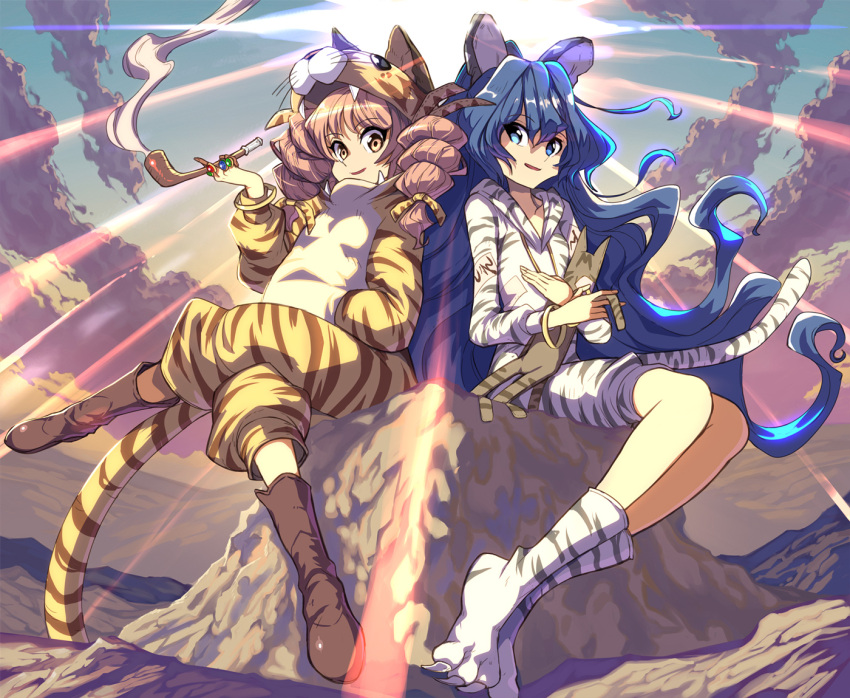 2girls alternate_costume animal_ears animal_print bangle bangs blue_bow blue_eyes blue_hair blue_sky boots bow bracelet brown_footwear brown_hair cigarette clouds cloudy_sky crossed_legs eyebrows_visible_through_hair fake_animal_ears fake_tail gradient gradient_sky hair_between_eyes hair_bow hand_up hands_up hat hood hoodie jewelry light light_brown_hair long_hair long_sleeves looking_at_viewer medium_hair multicolored_sky multiple_girls no_shoes open_mouth orange_sky pants puffy_long_sleeves puffy_sleeves scales scenery shope siblings sisters sitting sky smile smoke socks stuffed_animal stuffed_toy sun sunlight tail tiger_ears tiger_hat tiger_print tiger_tail touhou toy twintails white_hoodie white_legwear white_pants yellow_bow yellow_eyes yellow_headwear yellow_sky yorigami_jo'on yorigami_shion