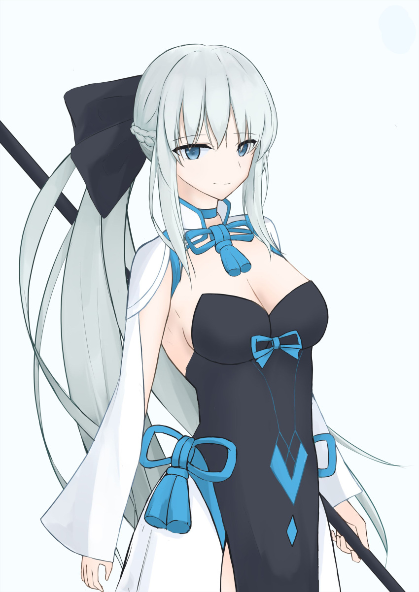 1girl bangs black_bow black_dress blue_eyes bow breasts center_opening cleavage_cutout closed_mouth clothing_cutout commentary dress eyebrows_visible_through_hair fate/grand_order fate_(series) fingernails hair_between_eyes hair_bow hair_ornament highres holding holding_staff holding_weapon large_breasts long_hair long_sleeves looking_at_viewer morgan_le_fay_(fate) navel night night_sky outdoors outstretched_arm ponytail pubic_tattoo serious sidelocks silver_hair sky solo staff star_(sky) suzukake_669 tattoo tiara tree two-tone_dress upper_body very_long_hair weapon white_dress wide_sleeves