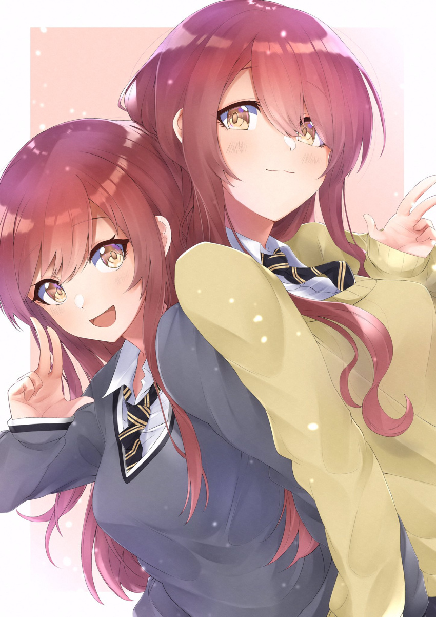 2girls absurdres beige_sweater blue_neckwear brown_eyes brown_hair collared_shirt eyebrows_visible_through_hair from_above gradient gradient_background grey_jacket hair_between_eyes hands_clasped highres idolmaster idolmaster_shiny_colors jacket long_hair looking_at_viewer multiple_girls oosaki_amana oosaki_tenka open_mouth own_hands_together plaid plaid_skirt pleated_skirt school_uniform shirt siblings sidelocks skirt standing straight_hair striped striped_neckwear tutinako_bell twins white_shirt