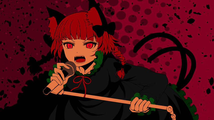 1girl absurdres animal_ear_fluff animal_ears arano_oki black_bow black_dress bow braid cat_ears cat_tail dress fang highres holding holding_microphone holding_microphone_stand kaenbyou_rin microphone microphone_stand multiple_tails open_mouth petals red_background red_eyes redhead screaming simple_background solo tail touhou twin_braids two_tails