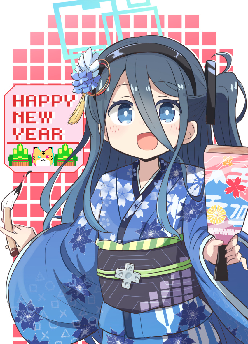 1girl :d absurdres arisu_(blue_archive) bangs black_hair black_hairband blue_archive blue_eyes blue_flower blue_kimono blush calligraphy_brush commentary_request eyebrows_visible_through_hair floral_print flower guriin hagoita hair_between_eyes hair_flower hair_ornament hairband hanetsuki happy_new_year highres holding holding_paintbrush japanese_clothes kimono long_hair new_year obi one_side_up paddle paintbrush print_kimono sash smile solo very_long_hair white_flower