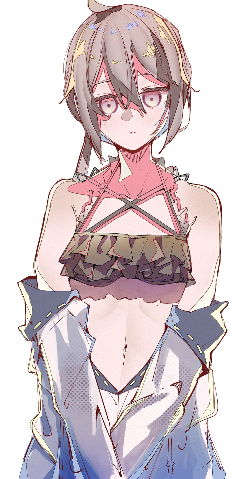 1girl absurdres ahoge bare_shoulders bikini black_bikini closed_mouth commentary cowboy_shot dot_mouth e_sky_rugo frilled_bikini frills girls_frontline grey_hair head_tilt highres jacket jacket_partially_removed looking_at_viewer m200_(girls'_frontline) multi-strapped_bikini navel ponytail revision simple_background solo swimsuit white_background white_jacket