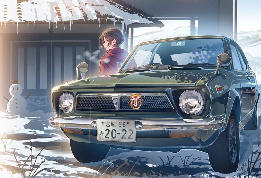 1girl brown_eyes brown_hair building car daito ground_vehicle jacket long_sleeves looking_at_viewer looking_back motor_vehicle original outdoors parted_lips red_jacket short_hair snow snowman solo standing vehicle_request