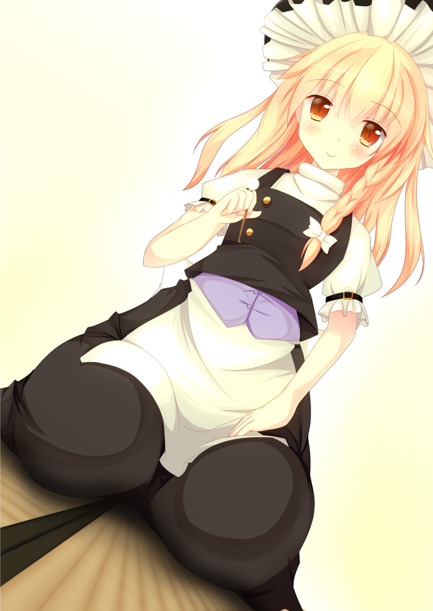 1girl absurdres bangs black_headwear black_skirt black_vest blonde_hair blush brown_eyes closed_mouth commentary_request cookie_(touhou) dutch_angle eyebrows_visible_through_hair frilled_hat frilled_sleeves frills full_body hat highres holding kirisame_marisa lap_pillow_invitation long_hair looking_at_viewer mimikaki seiza shirt short_sleeves sitting skirt smile solo szk touhou uzuki_(cookie) vest white_shirt witch_hat
