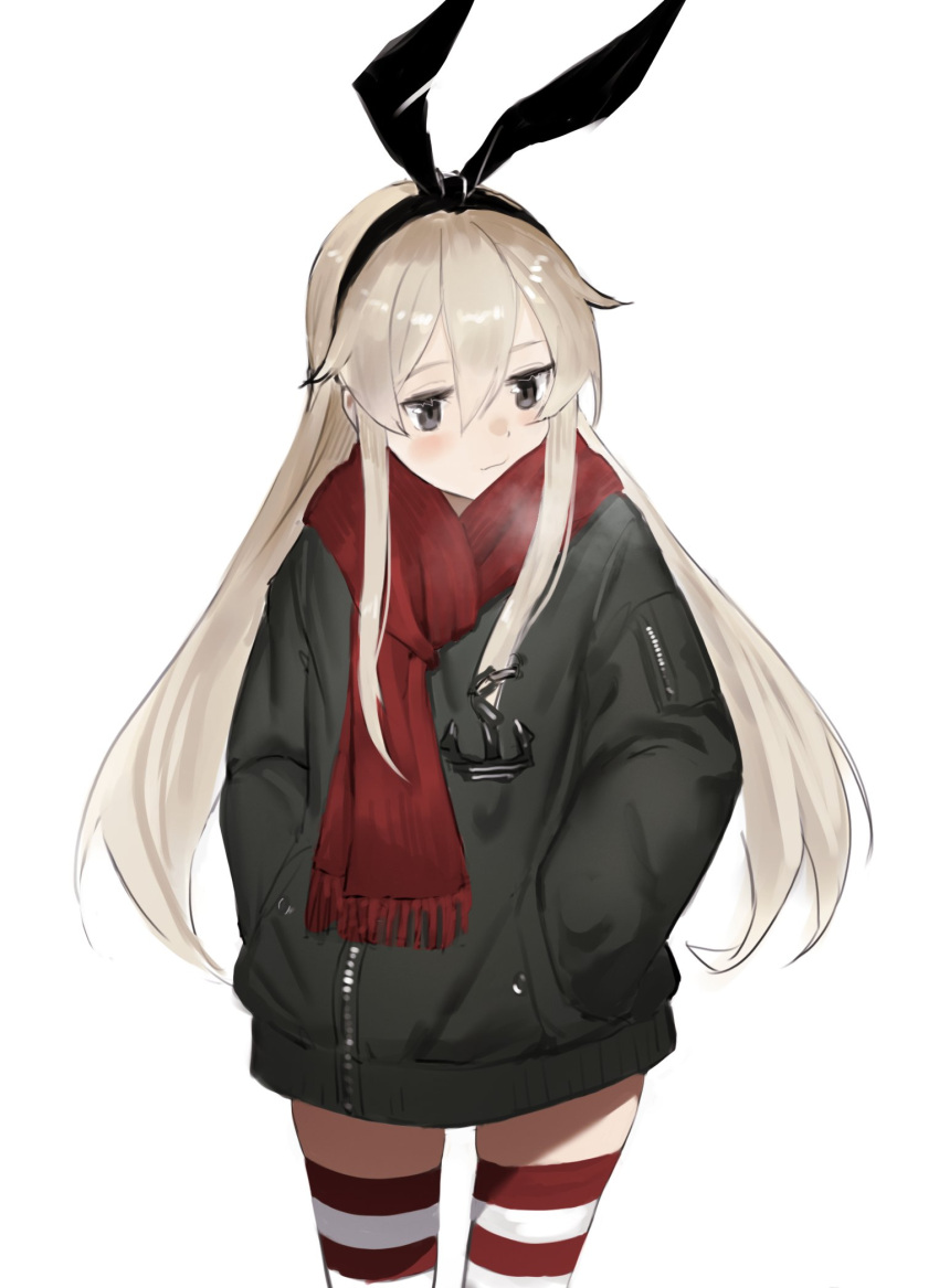 anchor anchor_hair_ornament black_hairband blonde_hair coat grey_eyes hair_ornament hairband hands_in_pocket hara_shoutarou highres kantai_collection long_hair scarf shimakaze_(kancolle) striped striped_legwear thigh-highs white_background winter_clothes winter_coat